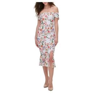 Guess Sheath Midi Dress Floral Short Sleeve Off Shoulder Cocktail Bodycon Lace 2